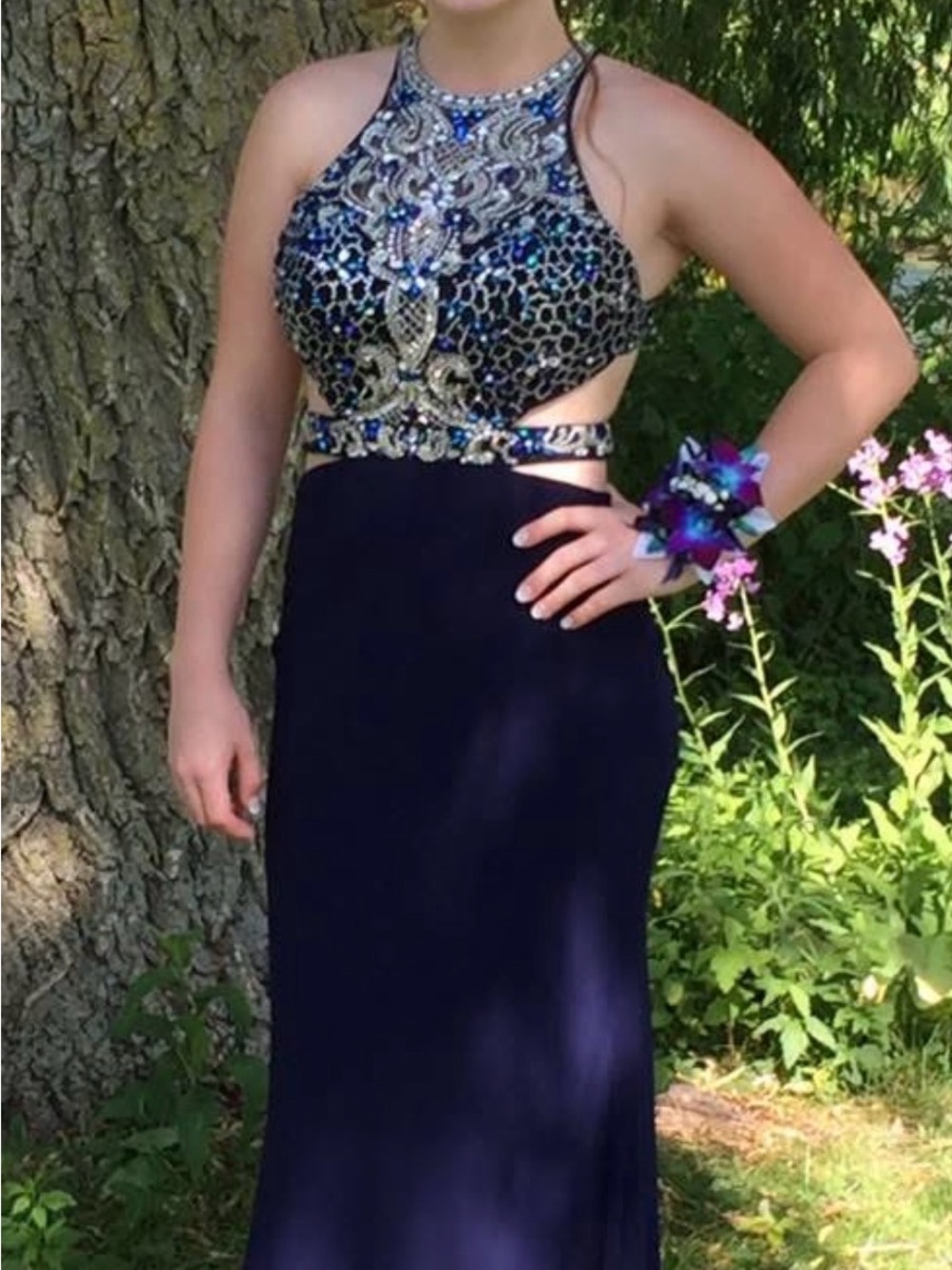 Clarisse Navy Beaded Halter Prom Dress